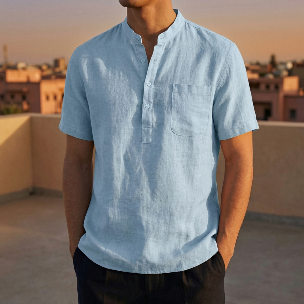 Poppy | Men’s Henley Shirt | Half Placket Chest Pocket Summer Wear — image 05 — MAREACO