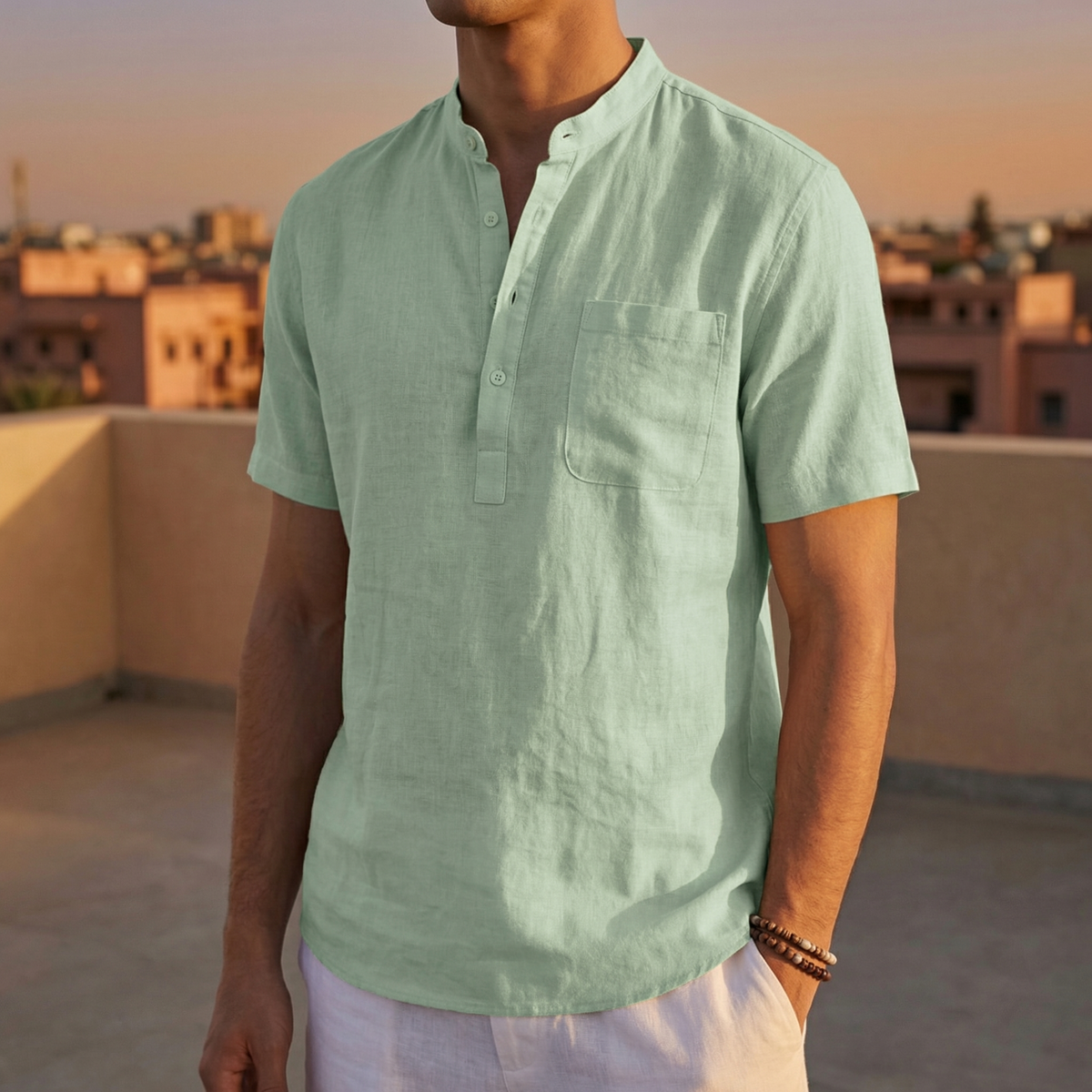 Poppy | Men’s Henley Shirt | Half Placket Chest Pocket Summer Wear — image 06 — MAREACO