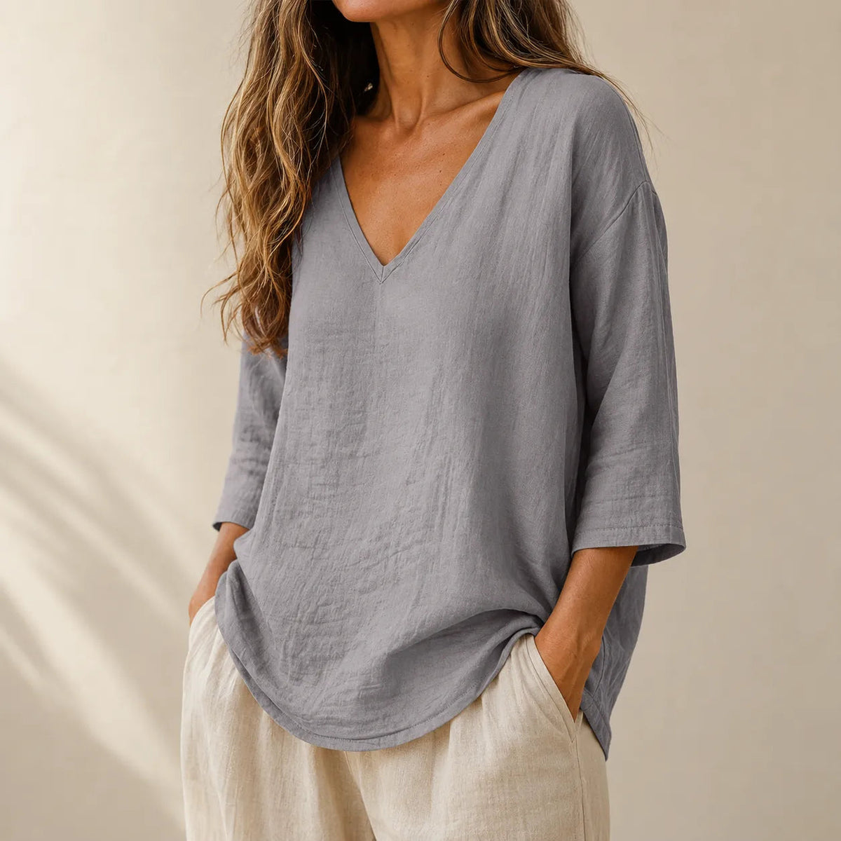 Poppy | Women’s Blouse | V Neck Three Quarter Sleeves Daywear — image 01 — MAREACO