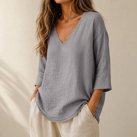 Poppy | Women’s Blouse | V Neck Three Quarter Sleeves Daywear — image 01 — MAREACO