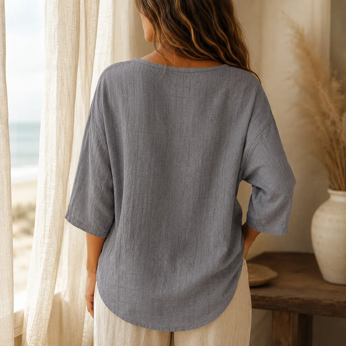 Poppy | Women’s Blouse | V Neck Three Quarter Sleeves Daywear — image 03 — MAREACO