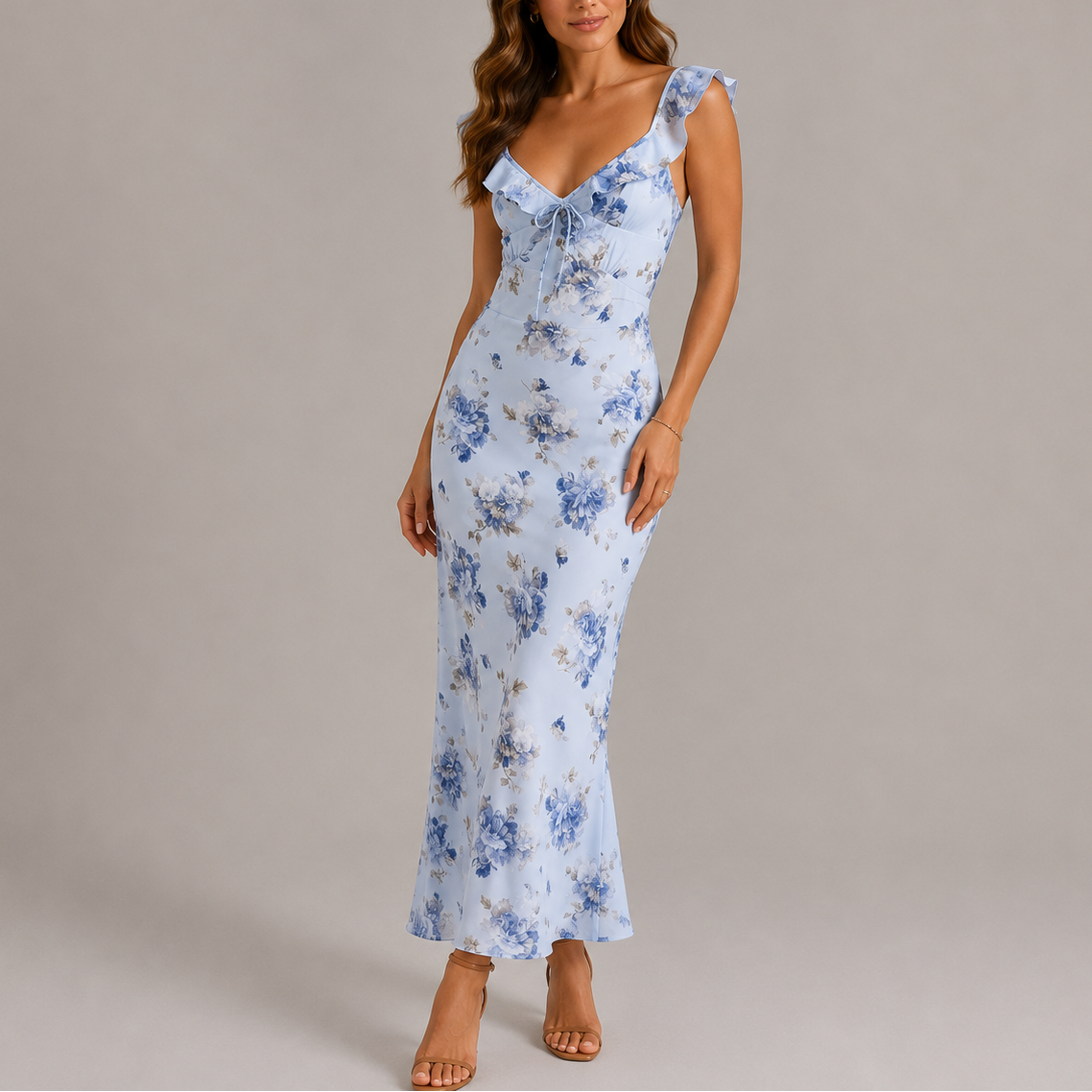 Poppy | Women’s Maxi Dress | Floral Print Ruffle Straps Summer Wear — image 02 — MAREACO