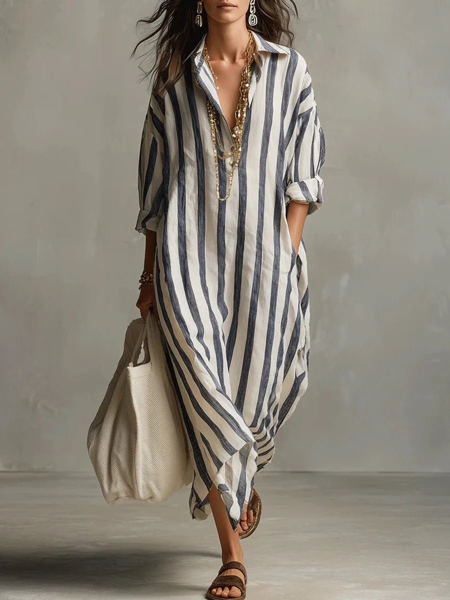 Poppy | Women’s Maxi Dress | Vertical Stripes Roll Tab Sleeves Holiday Wear — image 01 — MAREACO