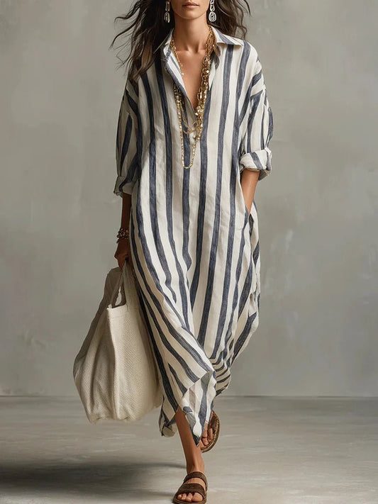 Poppy | Women’s Maxi Dress | Vertical Stripes Roll Tab Sleeves Holiday Wear — image 01 — MAREACO