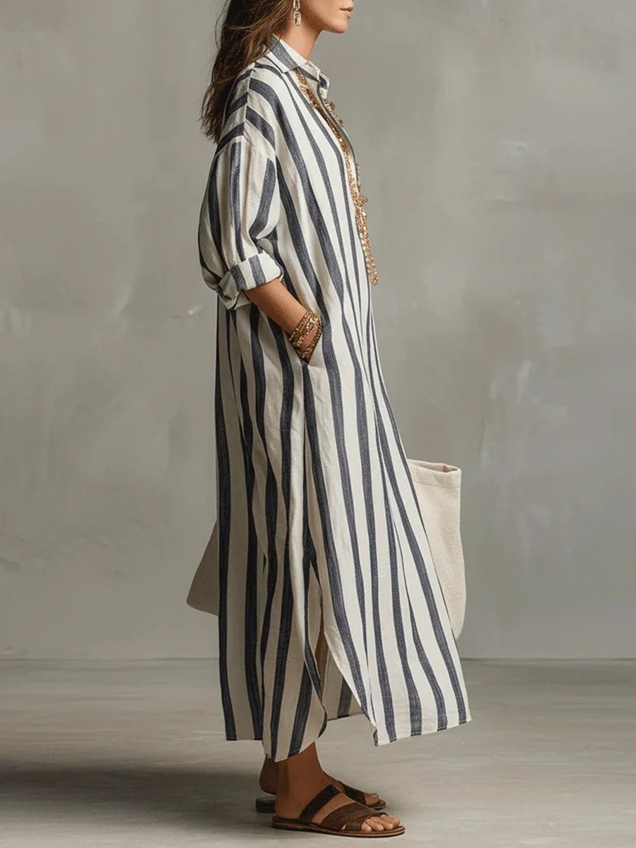 Poppy | Women’s Maxi Dress | Vertical Stripes Roll Tab Sleeves Holiday Wear — image 02 — MAREACO