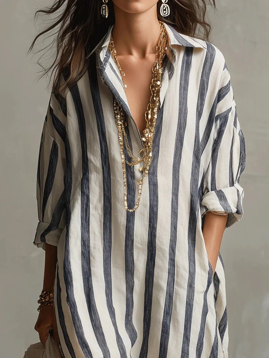 Poppy | Women’s Maxi Dress | Vertical Stripes Roll Tab Sleeves Holiday Wear — image 03 — MAREACO