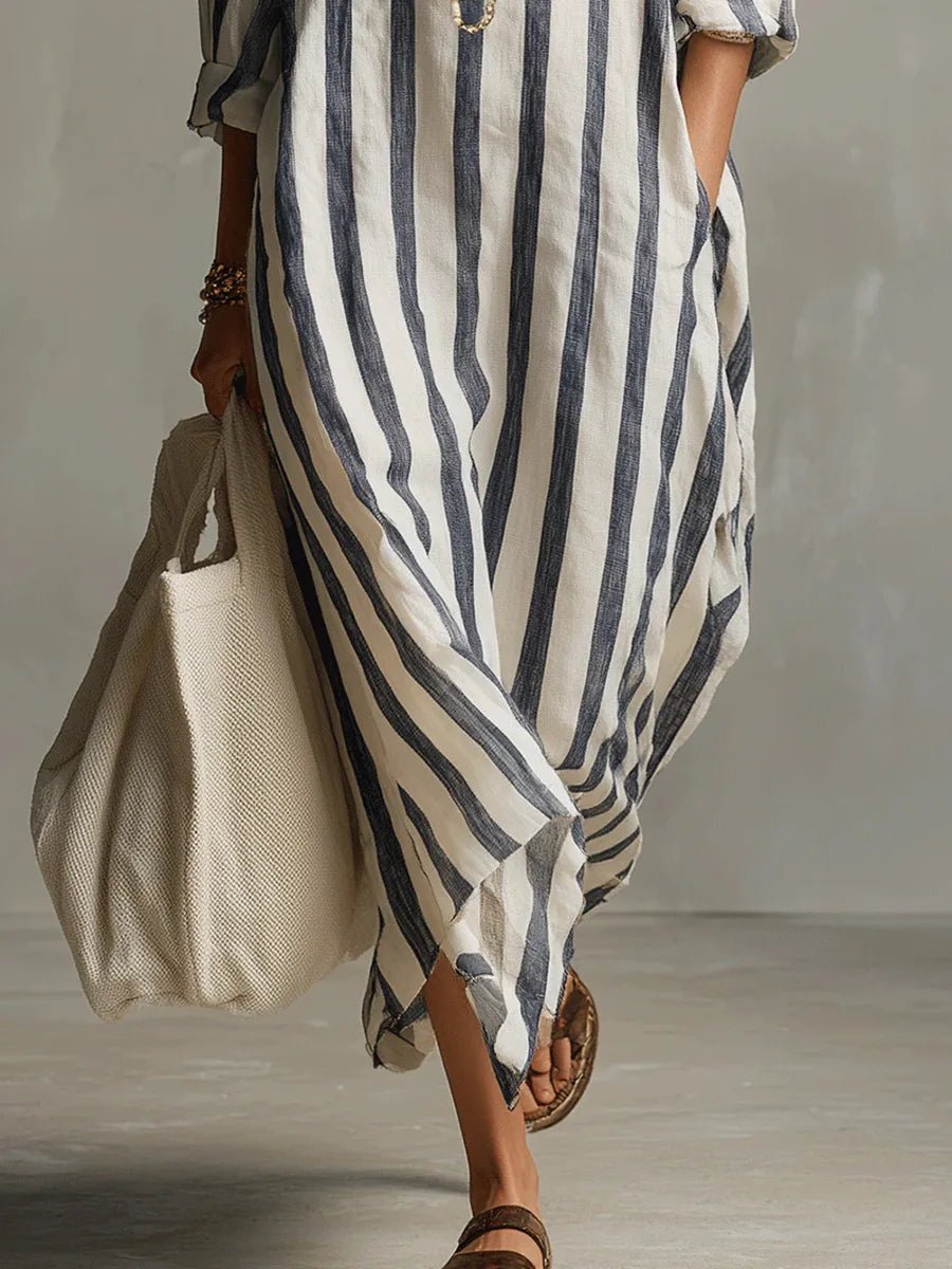 Poppy | Women’s Maxi Dress | Vertical Stripes Roll Tab Sleeves Holiday Wear — image 04 — MAREACO