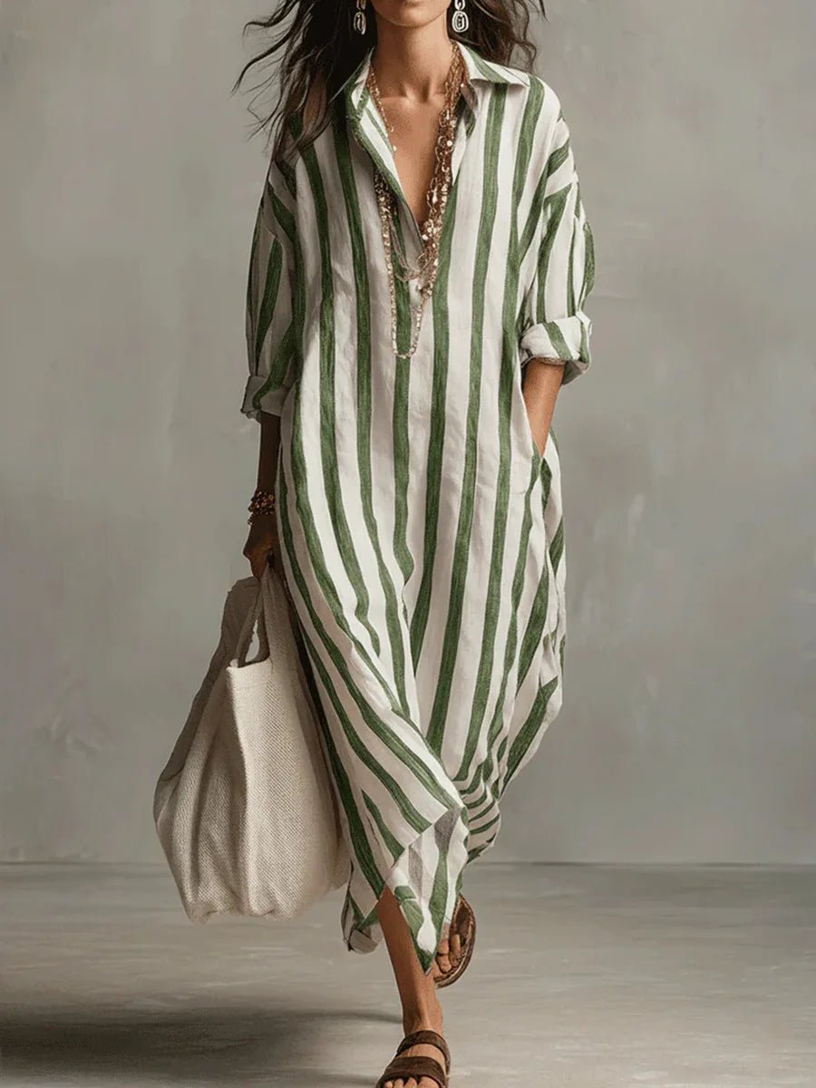 Poppy | Women’s Maxi Dress | Vertical Stripes Roll Tab Sleeves Holiday Wear — image 05 — MAREACO
