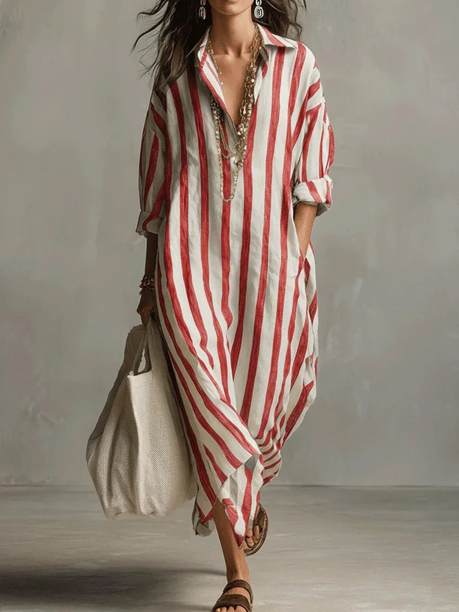 Poppy | Women’s Maxi Dress | Vertical Stripes Roll Tab Sleeves Holiday Wear — image 06 — MAREACO