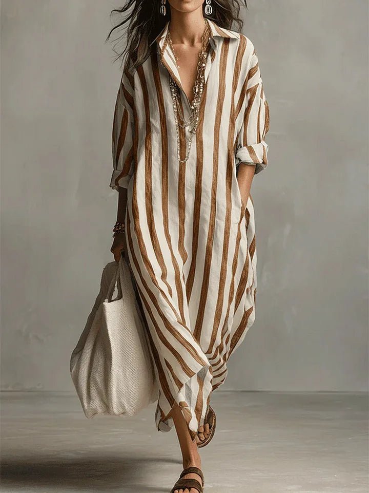 Poppy | Women’s Maxi Dress | Vertical Stripes Roll Tab Sleeves Holiday Wear — image 07 — MAREACO