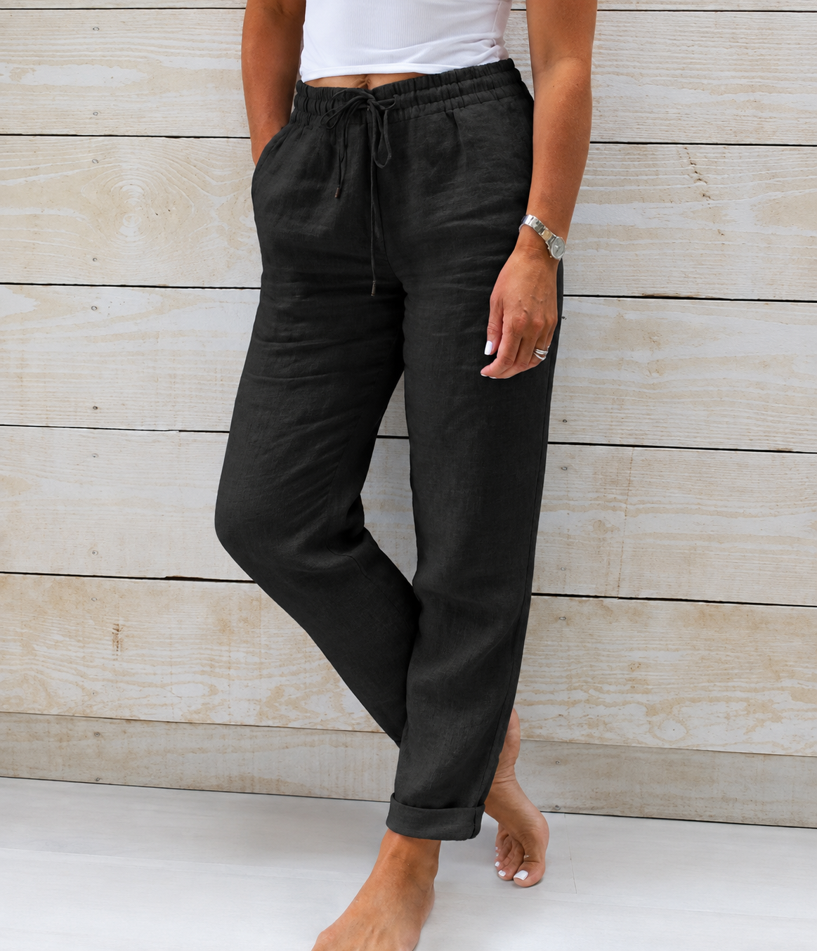 Poppy | Women’s Trousers | Drawstring Waist Turned Hems Everyday Wear — image 04 — MAREACO