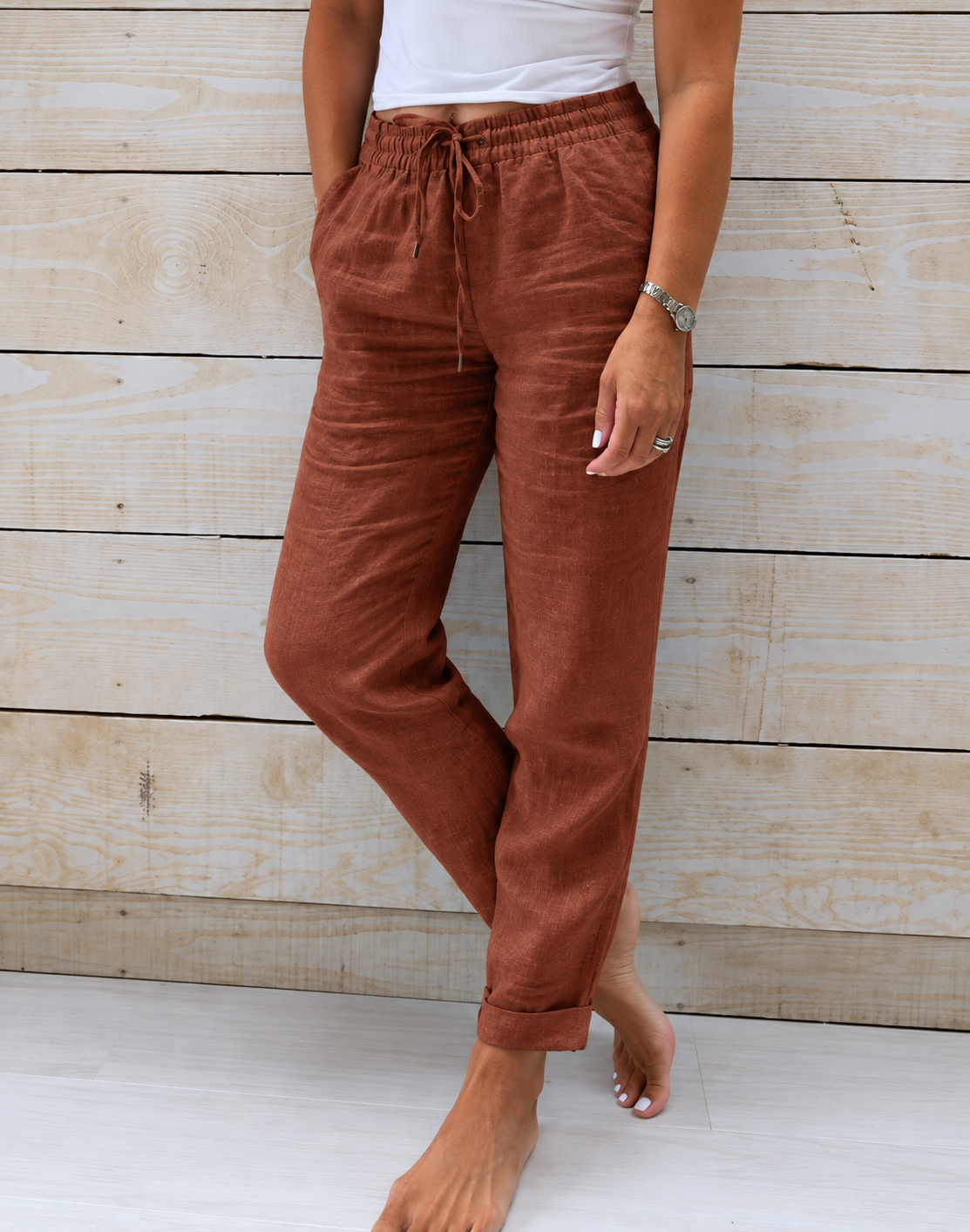 Poppy | Women’s Trousers | Drawstring Waist Turned Hems Everyday Wear — image 07 — MAREACO