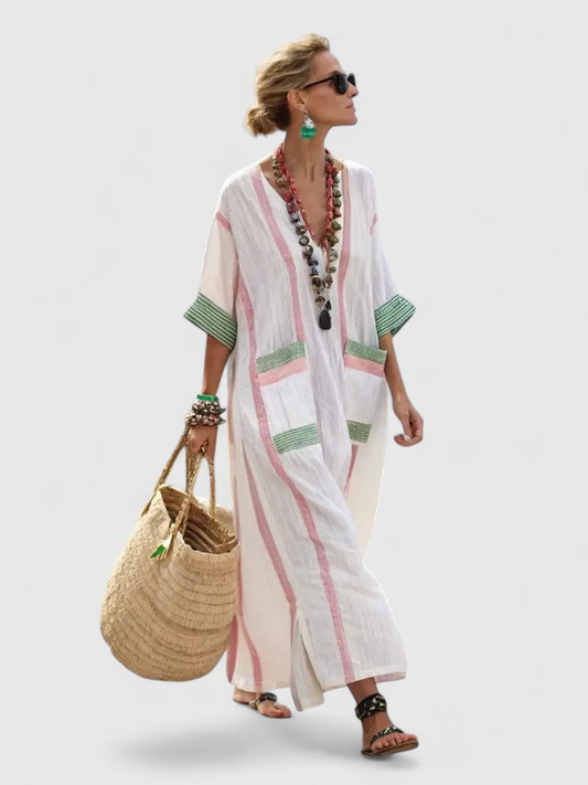 Rosie | Women’s Maxi Dress | Striped Pattern Patch Pockets Holiday Wear — image 01 — MAREACO