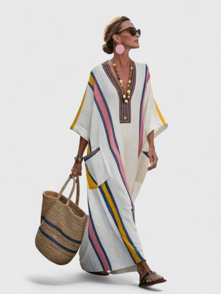 Rosie | Women’s Maxi Dress | Striped Pattern Patch Pockets Holiday Wear — image 02 — MAREACO