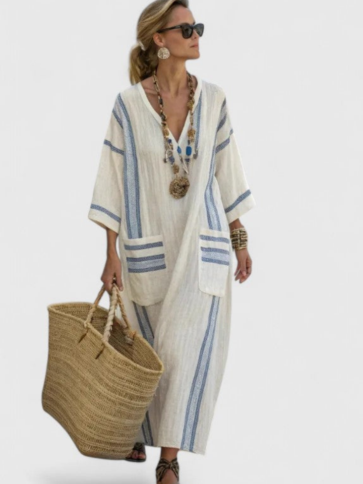 Rosie | Women’s Maxi Dress | Striped Pattern Patch Pockets Holiday Wear — image 03 — MAREACO
