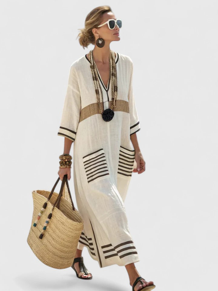 Rosie | Women’s Maxi Dress | Striped Pattern Patch Pockets Holiday Wear — image 04 — MAREACO