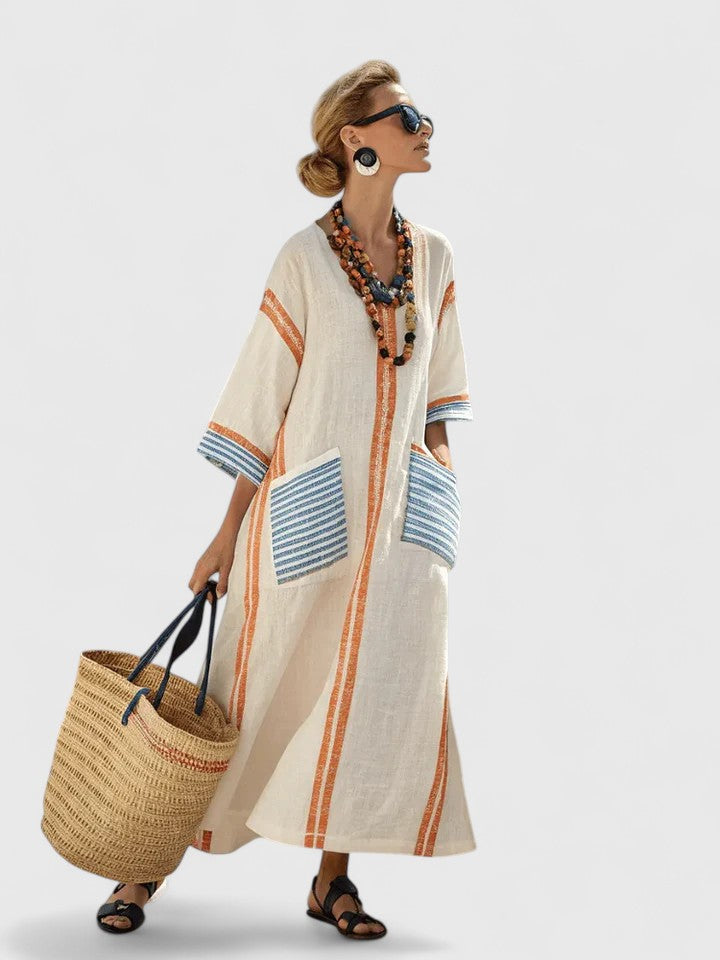 Rosie | Women’s Maxi Dress | Striped Pattern Patch Pockets Holiday Wear — image 05 — MAREACO