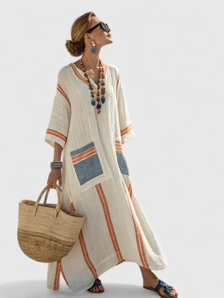 Rosie | Women’s Maxi Dress | Striped Pattern Patch Pockets Holiday Wear — image 07 — MAREACO