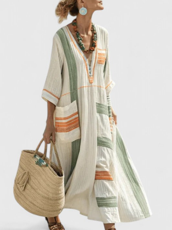 Rosie | Women’s Maxi Dress | Striped Pattern Patch Pockets Holiday Wear — image 08 — MAREACO