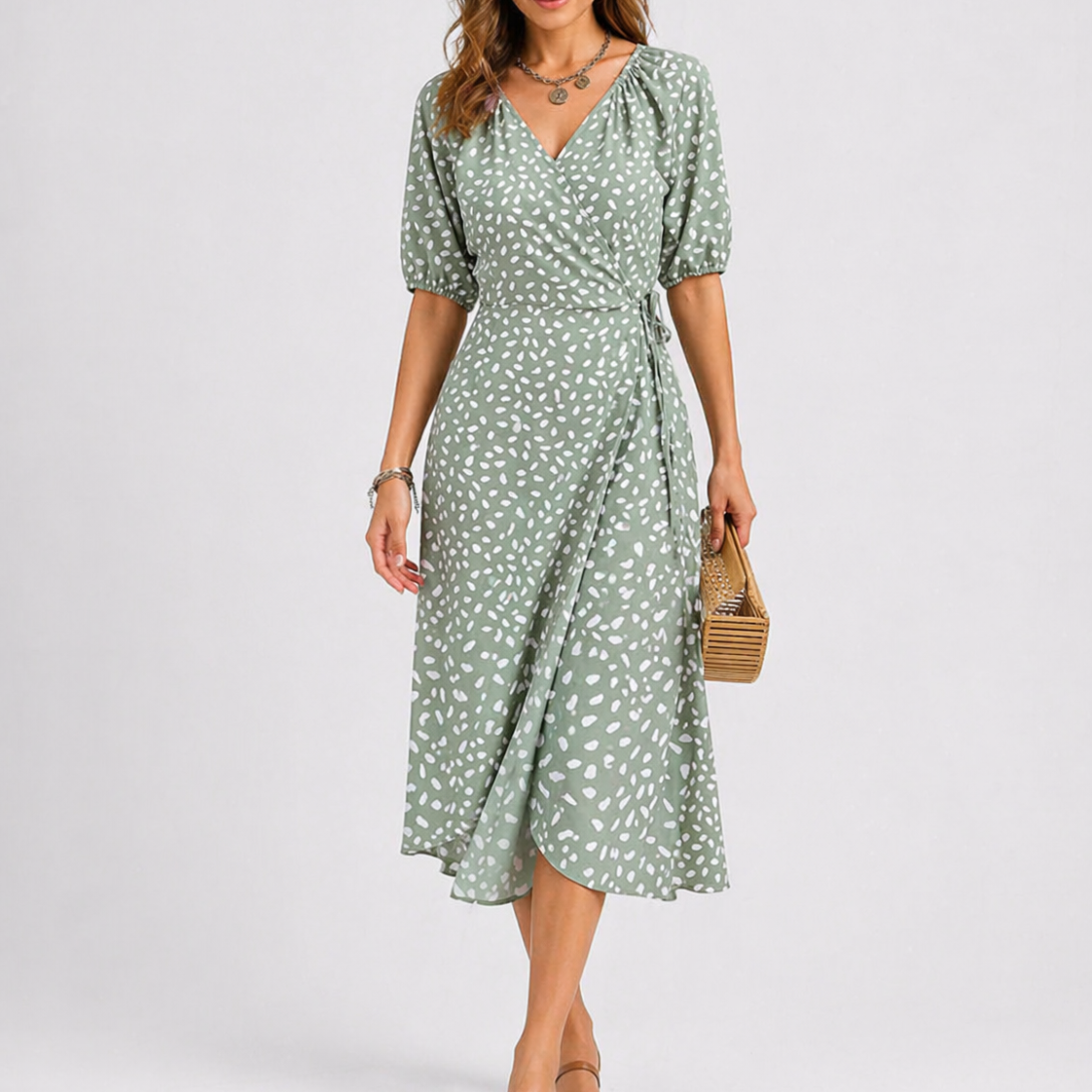 Rosie | Women’s Midi Dress | Printed Pattern Wrap Front Summer Wear — image 01 — MAREACO