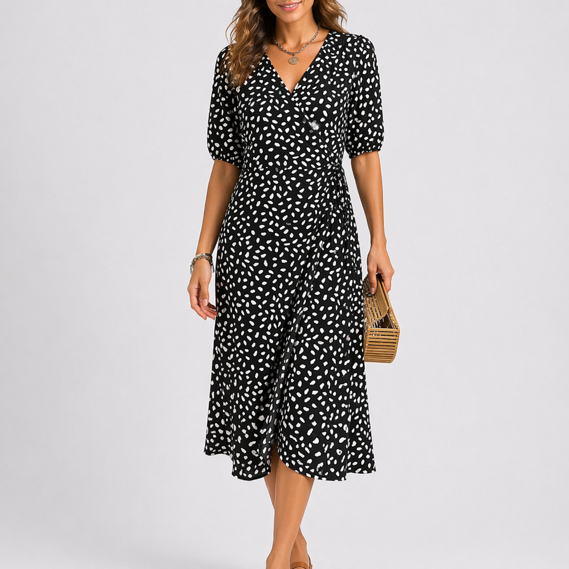 Rosie | Women’s Midi Dress | Printed Pattern Wrap Front Summer Wear — image 02 — MAREACO