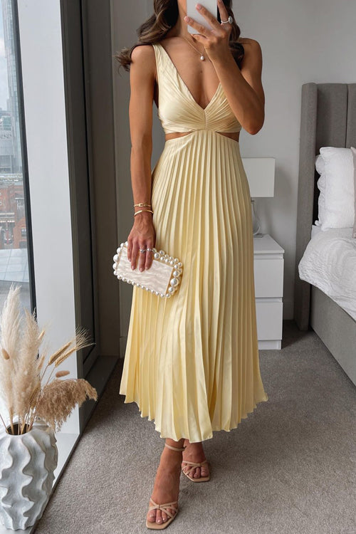 Ruby | Women’s Maxi Dress | V Neck Pleated Skirt Occasion Wear — image 01 — MAREACO