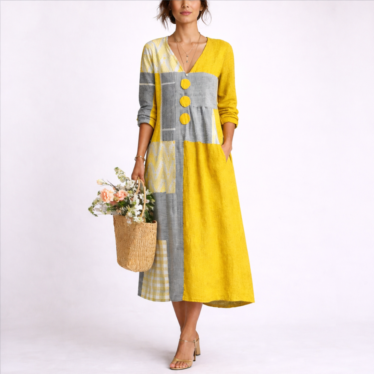 Ruby | Women’s Midi Dress | Colour Block Button Detail Everyday Wear — image 01 — MAREACO