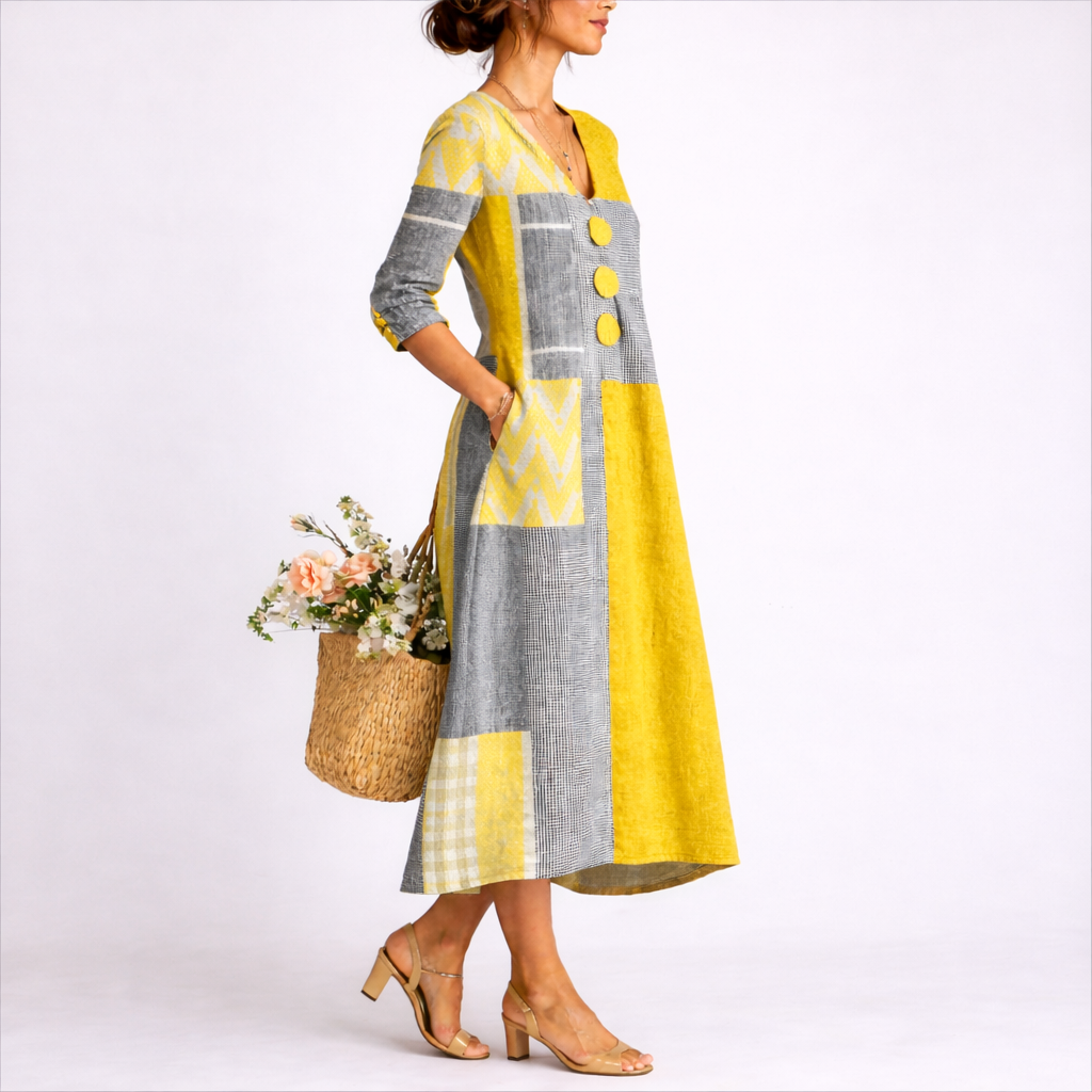 Ruby | Women’s Midi Dress | Colour Block Button Detail Everyday Wear — image 02 — MAREACO
