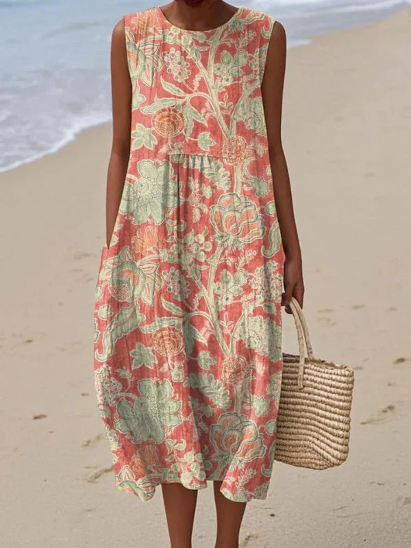 Ruby | Women’s Midi Dress | Round Neck Sleeveless Cut Summer Wear — image 02 — MAREACO