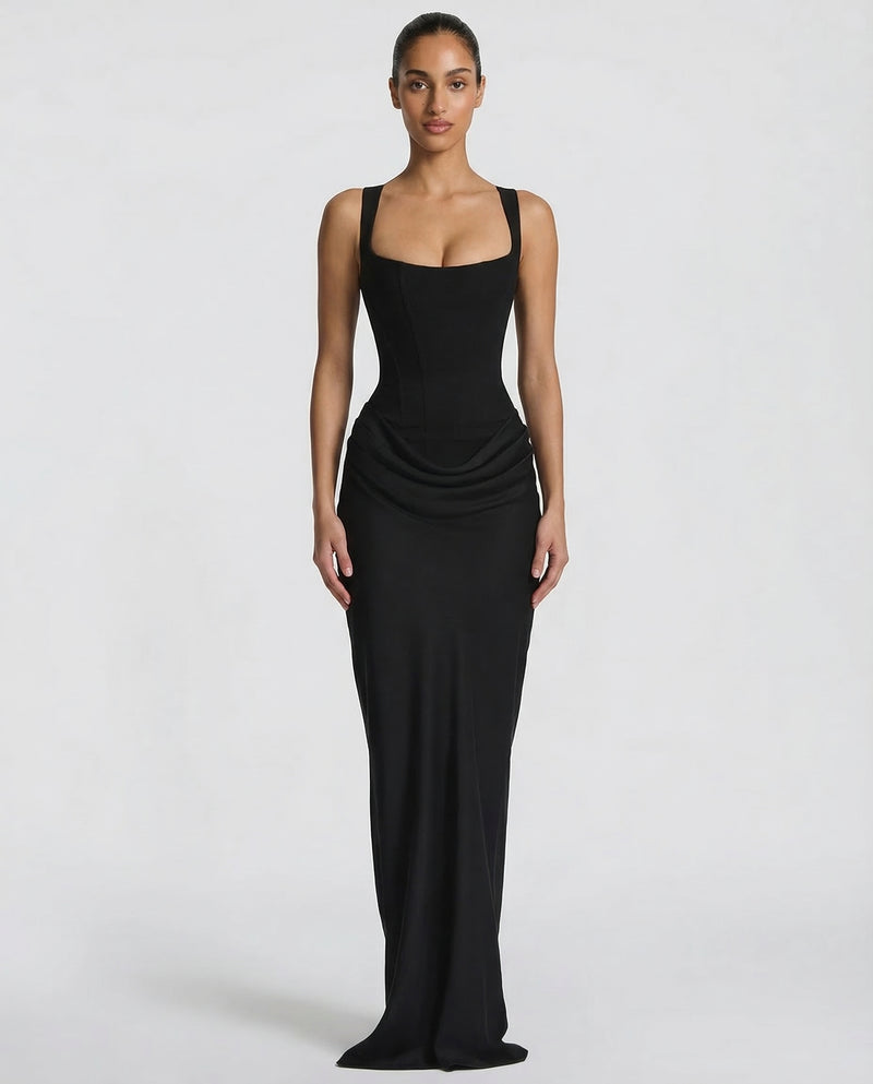 Scarlett | Women’s Corset Maxi Dress | Square Neck Draped Skirt Evening Wear — image 01 — MAREACO