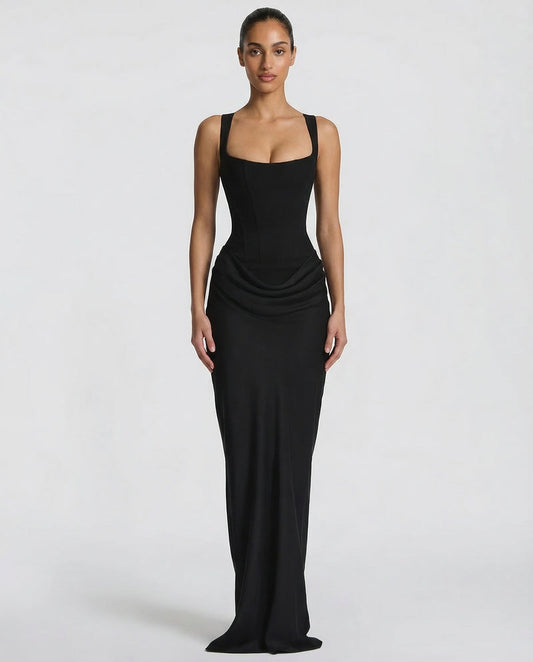 Scarlett | Women’s Corset Maxi Dress | Square Neck Draped Skirt Evening Wear — image 01 — MAREACO