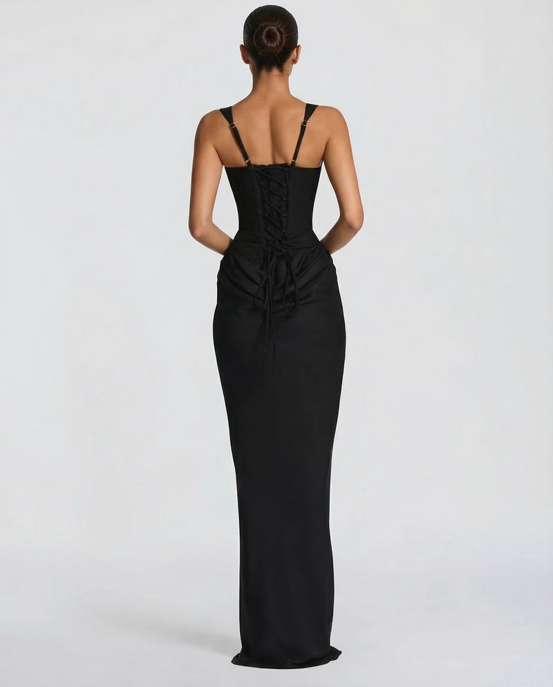 Scarlett | Women’s Corset Maxi Dress | Square Neck Draped Skirt Evening Wear — image 02 — MAREACO