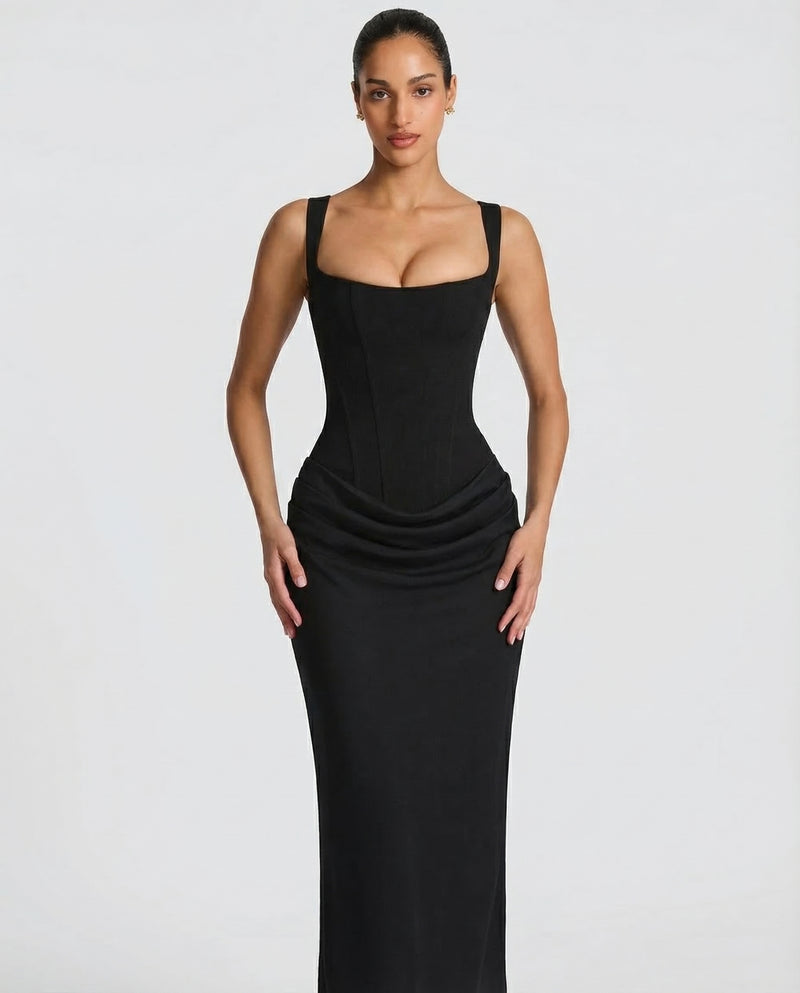 Scarlett | Women’s Corset Maxi Dress | Square Neck Draped Skirt Evening Wear — image 03 — MAREACO