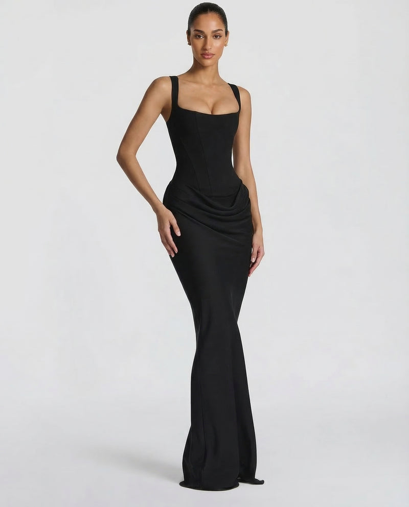 Scarlett | Women’s Corset Maxi Dress | Square Neck Draped Skirt Evening Wear — image 04 — MAREACO