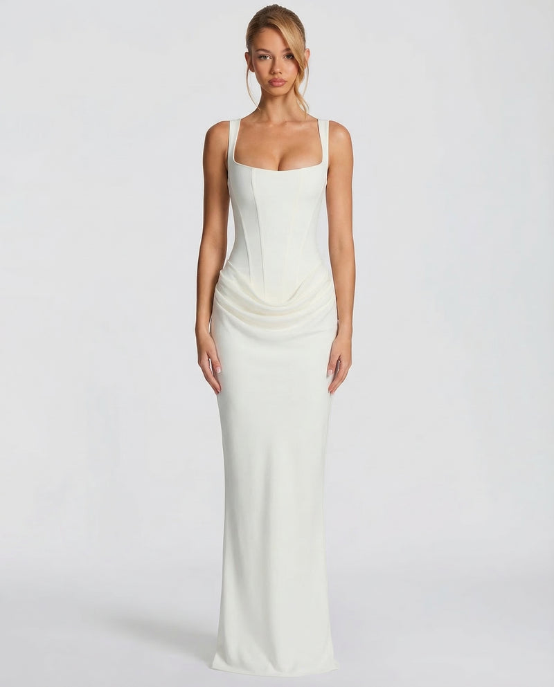 Scarlett | Women’s Corset Maxi Dress | Square Neck Draped Skirt Evening Wear — image 05 — MAREACO