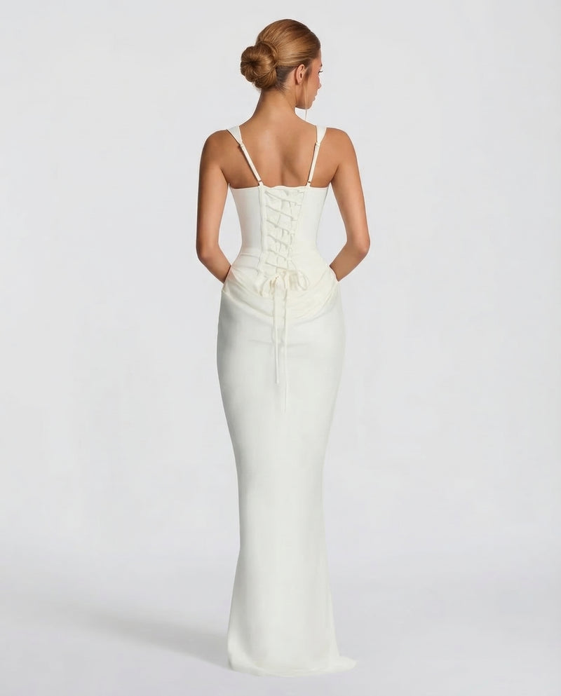 Scarlett | Women’s Corset Maxi Dress | Square Neck Draped Skirt Evening Wear — image 06 — MAREACO
