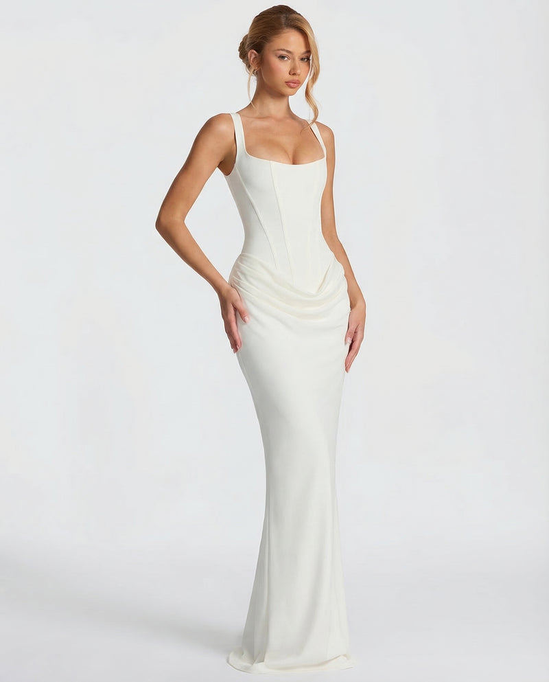 Scarlett | Women’s Corset Maxi Dress | Square Neck Draped Skirt Evening Wear — image 08 — MAREACO