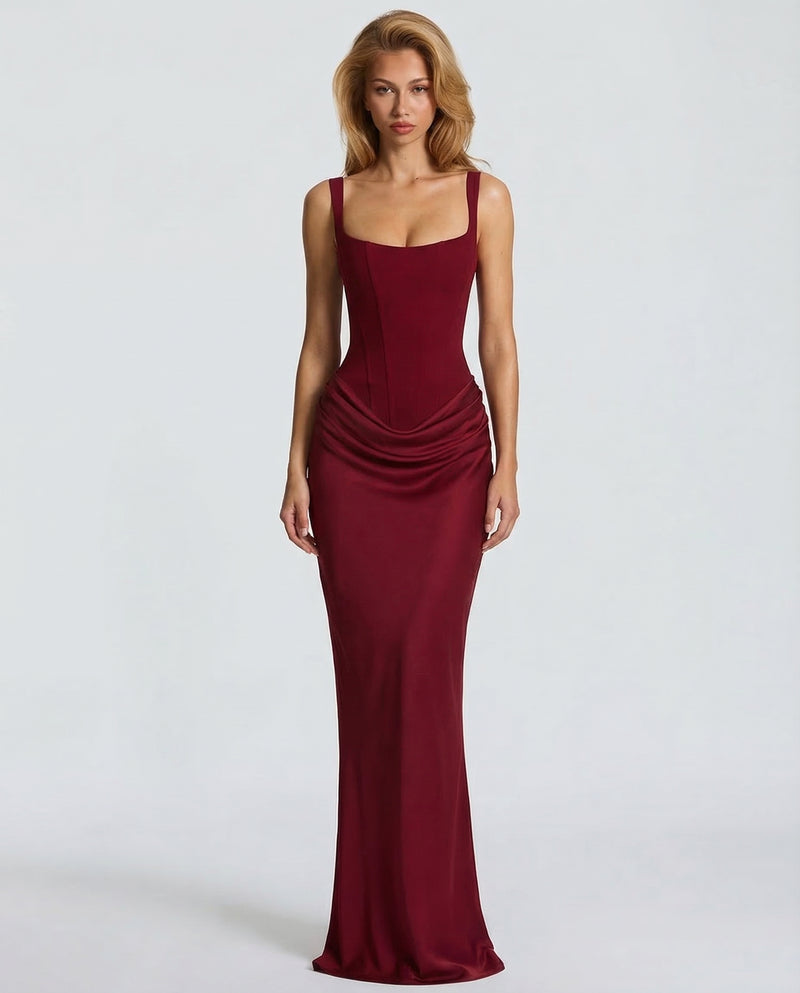 Scarlett | Women’s Corset Maxi Dress | Square Neck Draped Skirt Evening Wear — image 09 — MAREACO