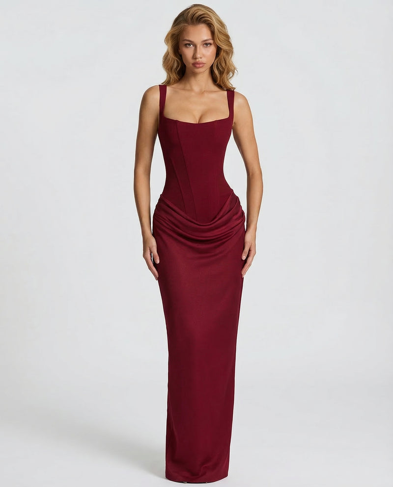 Scarlett | Women’s Corset Maxi Dress | Square Neck Draped Skirt Evening Wear — image 12 — MAREACO