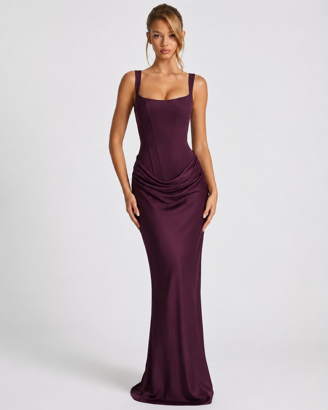 Scarlett | Women’s Corset Maxi Dress | Square Neck Draped Skirt Evening Wear — image 13 — MAREACO