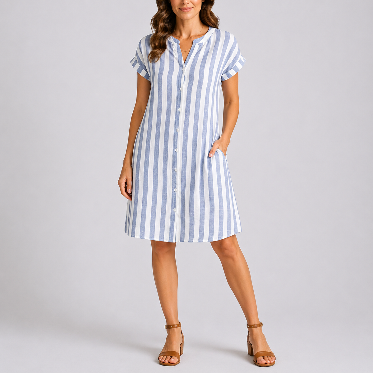 Scarlett | Women’s Midi Dress | Vertical Stripes Button Front Everyday Wear — image 01 — MAREACO