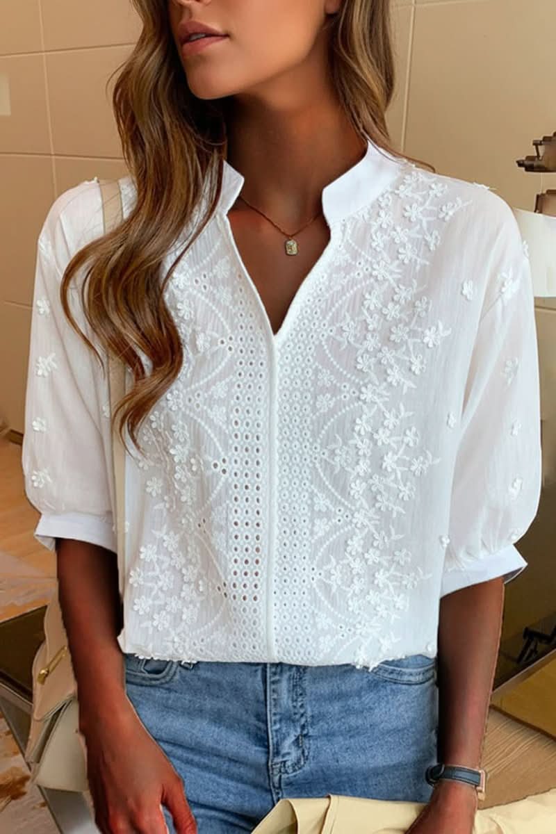 Sophie | Women’s Blouse | Floral Embroidery Puff Sleeves Summer Wear — image 01 — MAREACO
