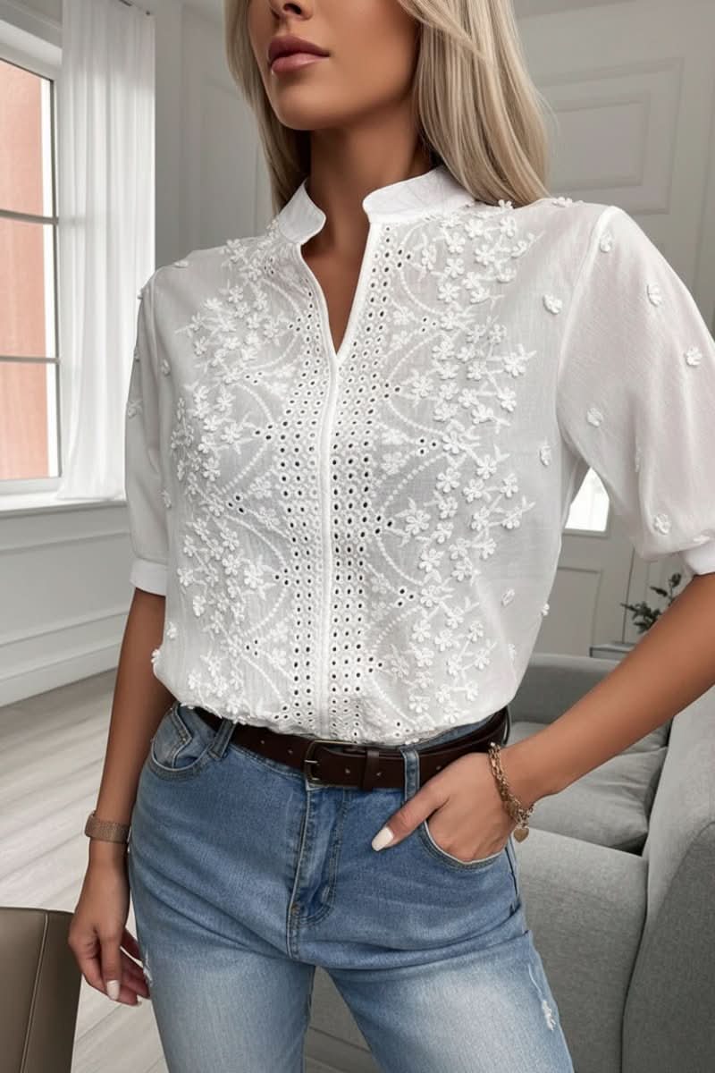 Sophie | Women’s Blouse | Floral Embroidery Puff Sleeves Summer Wear — image 03 — MAREACO