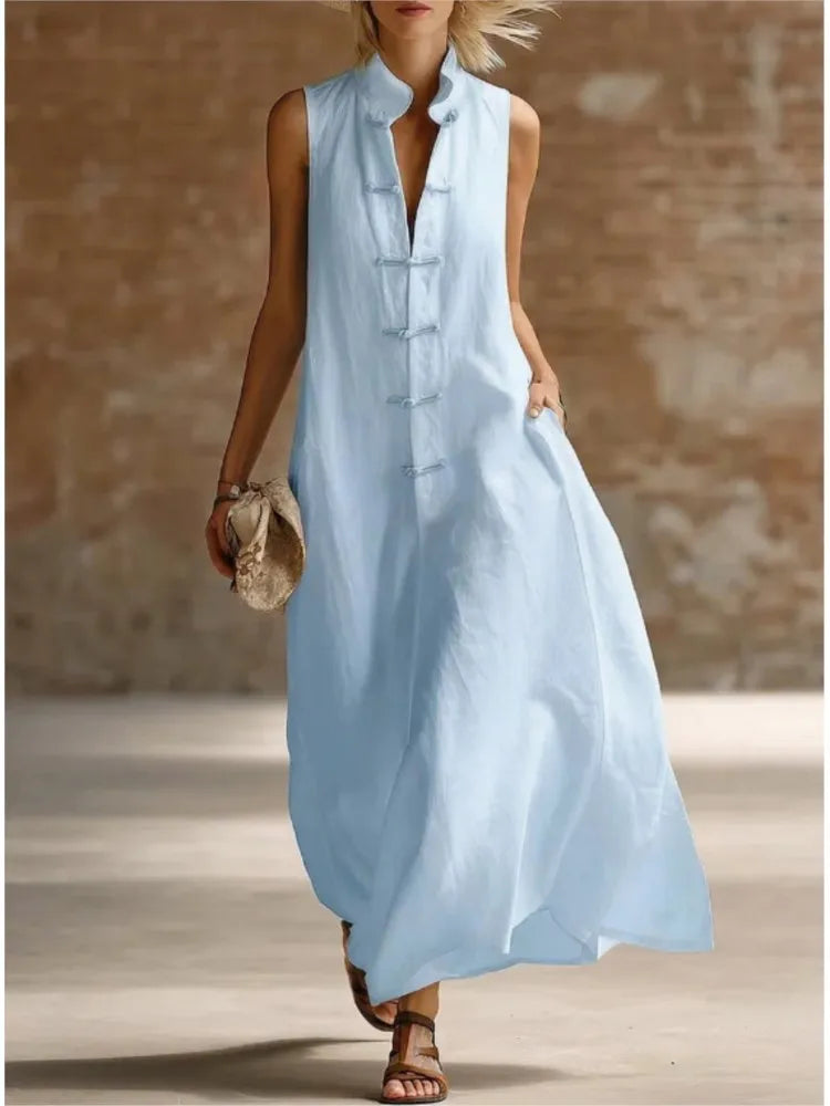 Sophie | Women’s Maxi Dress | Mandarin Collar Loop Fastenings Summer Wear — image 01 — MAREACO