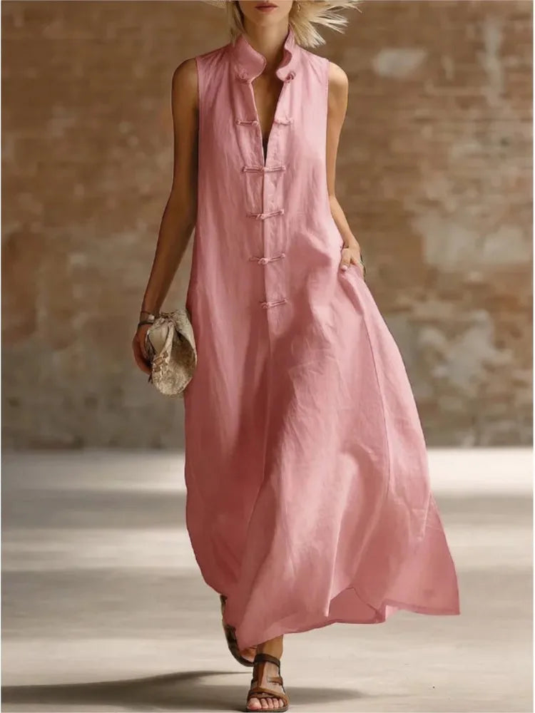 Sophie | Women’s Maxi Dress | Mandarin Collar Loop Fastenings Summer Wear — image 02 — MAREACO