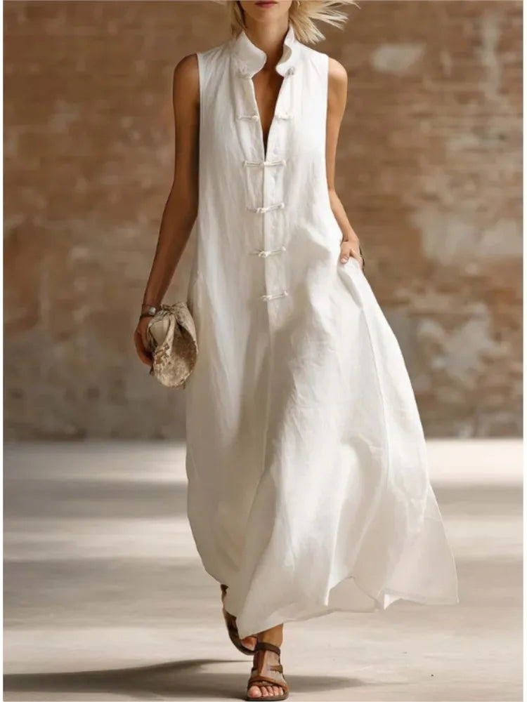 Sophie | Women’s Maxi Dress | Mandarin Collar Loop Fastenings Summer Wear — image 03 — MAREACO