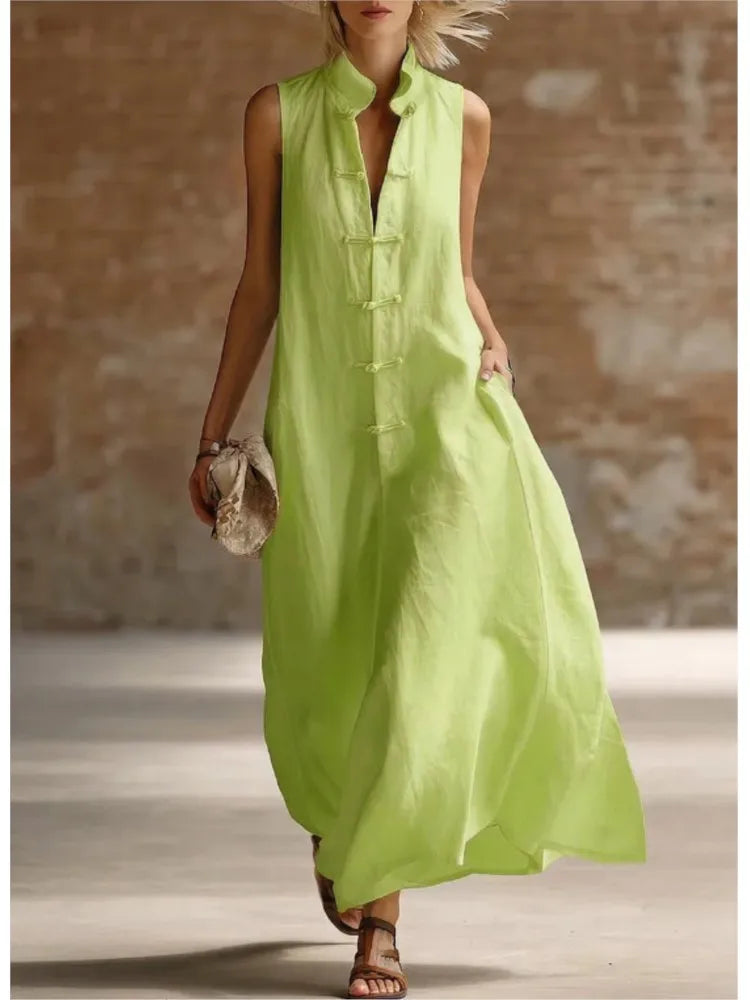 Sophie | Women’s Maxi Dress | Mandarin Collar Loop Fastenings Summer Wear — image 04 — MAREACO