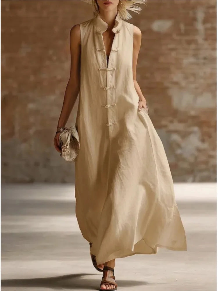 Sophie | Women’s Maxi Dress | Mandarin Collar Loop Fastenings Summer Wear — image 05 — MAREACO