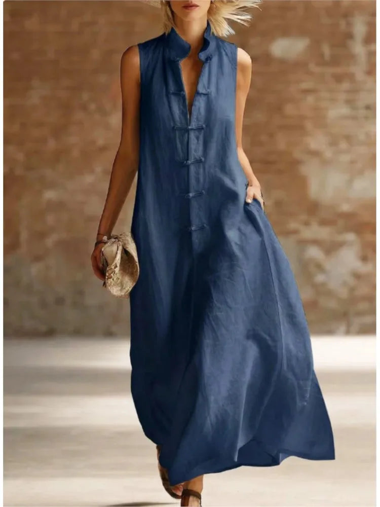 Sophie | Women’s Maxi Dress | Mandarin Collar Loop Fastenings Summer Wear — image 06 — MAREACO
