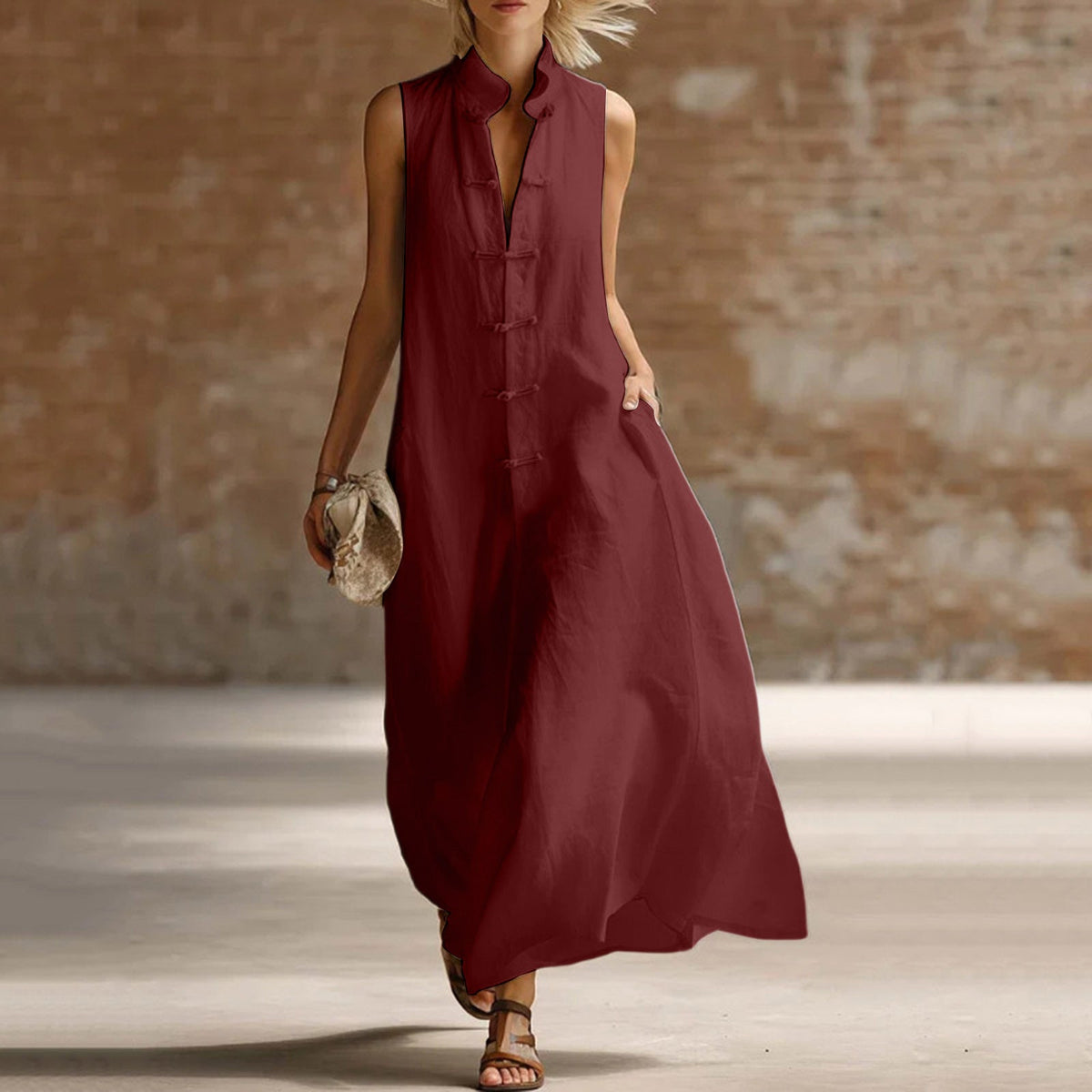 Sophie | Women’s Maxi Dress | Mandarin Collar Loop Fastenings Summer Wear — image 07 — MAREACO